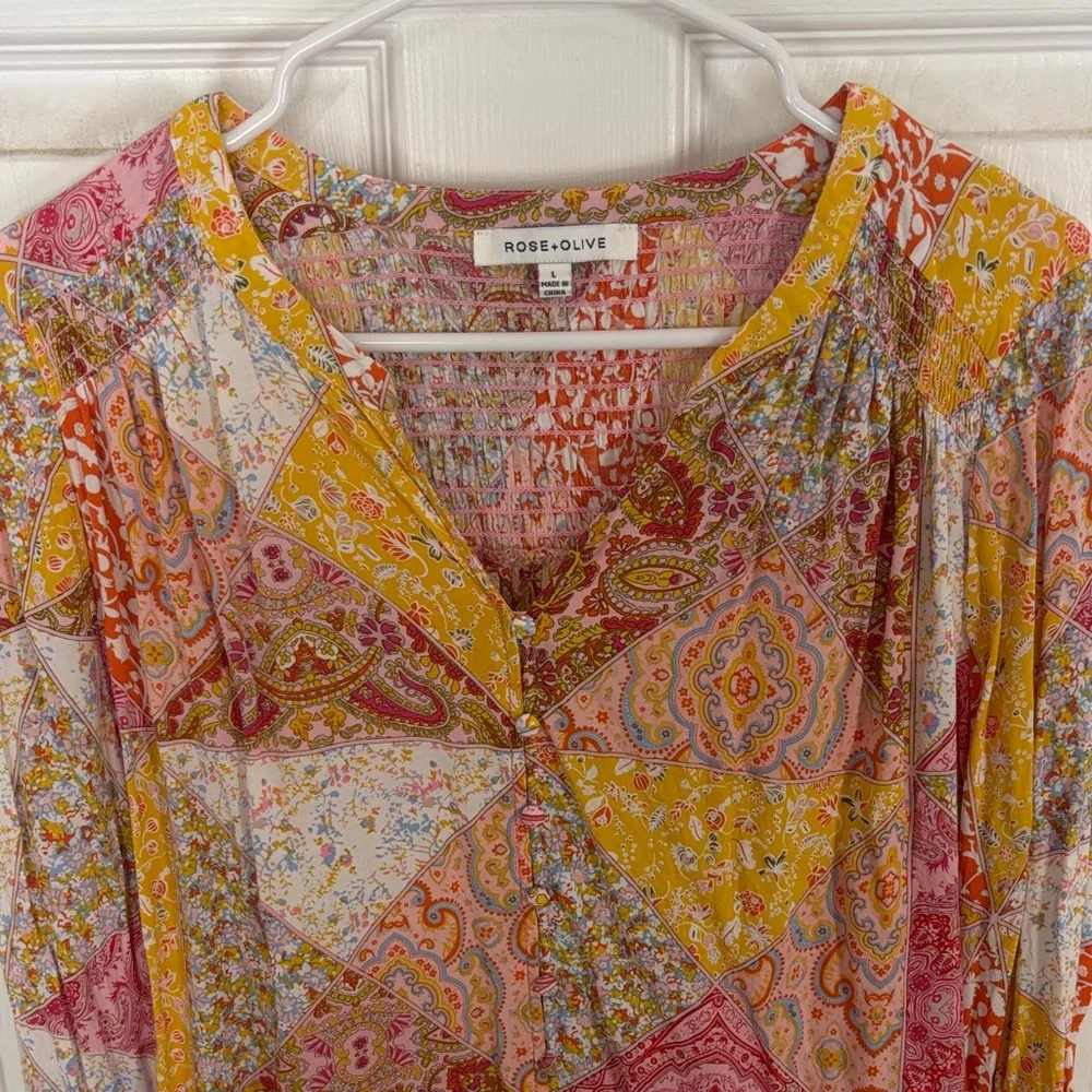 Rose & Olive Vibrant Patchwork Blouse size L - Picture 3 of 9